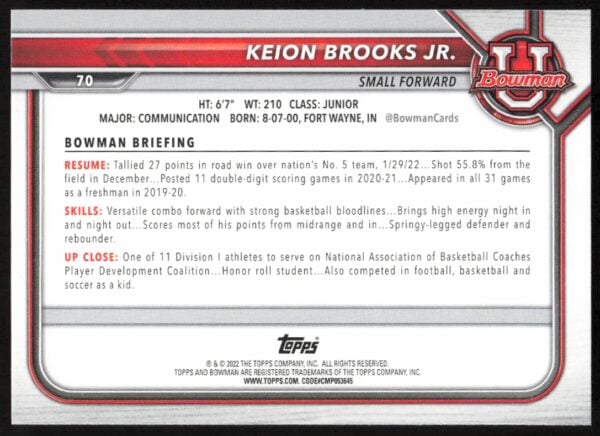 2021 Bowman University Keion Brooks Jr. #70 (Back)