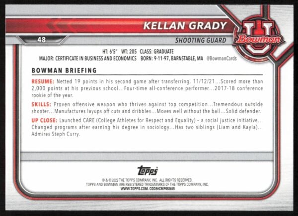 2021 Bowman University Kellan Grady #48 (Back)