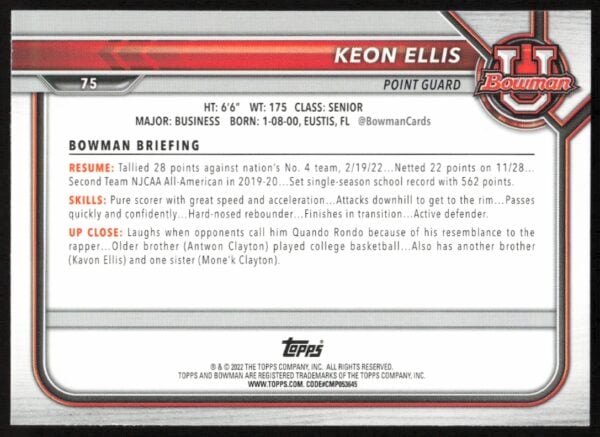 2021 Bowman University Keon Ellis #75 (Back)