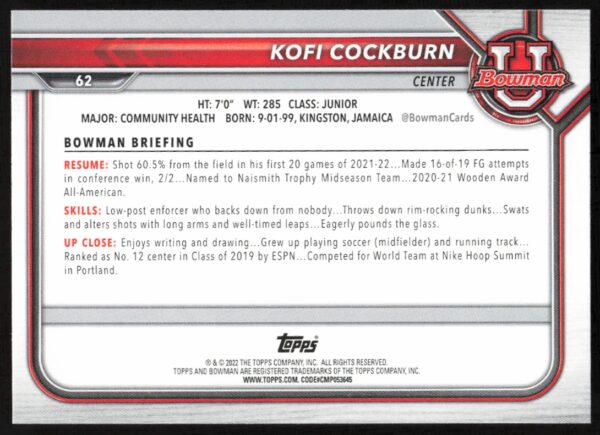 2021 Bowman University Kofi Cockburn #62 (Back)