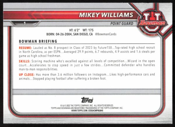 2021 Bowman University Mikey Williams #1 (Back)