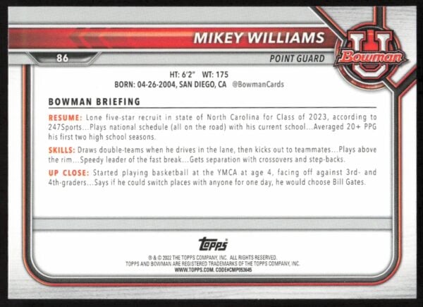 2021 Bowman University Mikey Williams #86 (Back)