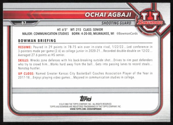 2021 Bowman University Ochai Agbaji #87 (Back)