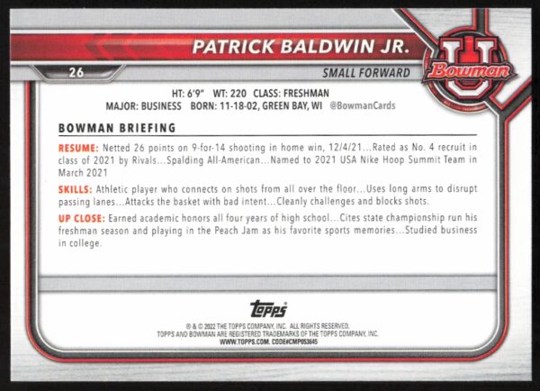 2021 Bowman University Patrick Baldwin Jr. #26 (Back)