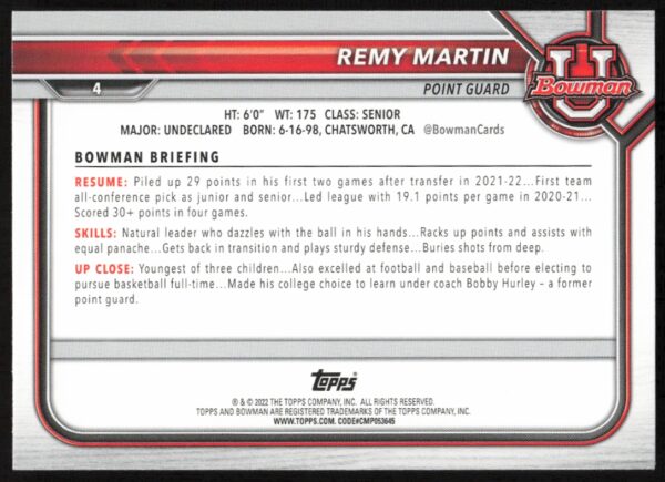 2021 Bowman University Remy Martin #4 (Back)