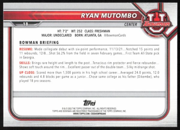 2021 Bowman University Ryan Mutombo #18 (Back)