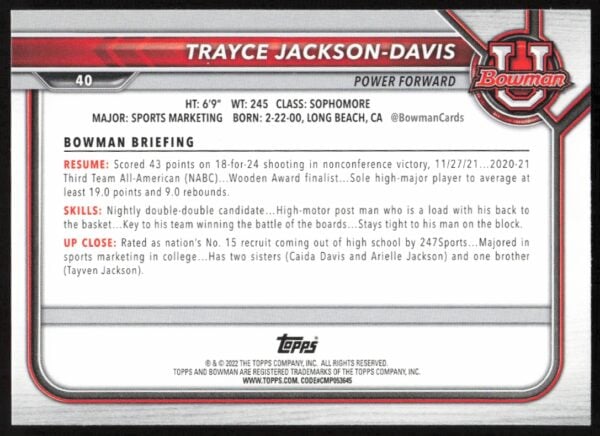 2021 Bowman University Trayce Jackson-Davis #40 (Back)