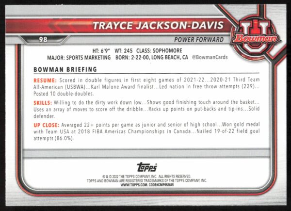 2021 Bowman University Trayce Jackson-Davis #98 (Back)