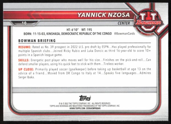 2021 Bowman University Yannick Nzosa #10 (Back)