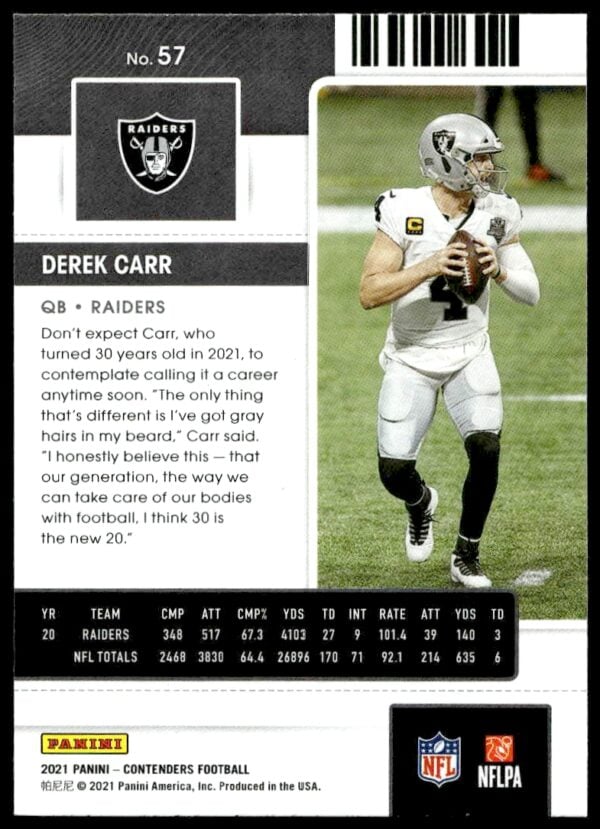 2021 Panini Contenders Derek Carr #57 (Back)