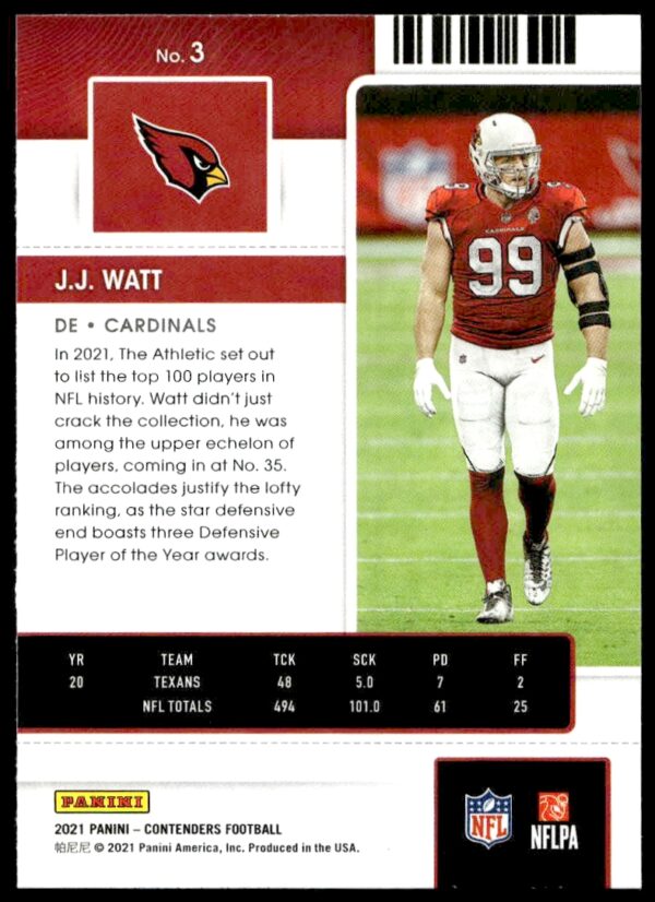 2021 Panini Contenders J.J. Watt #3 (Back)