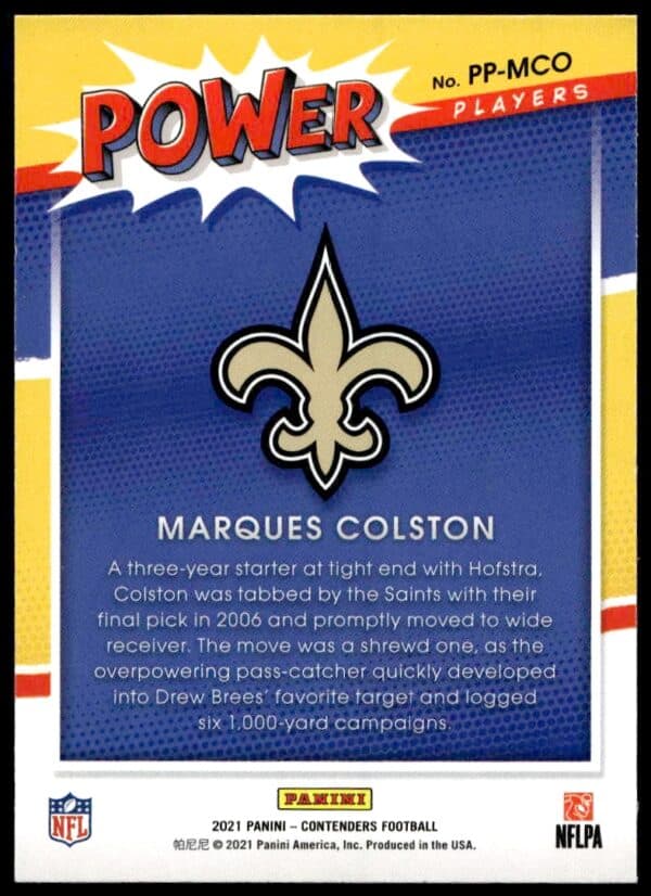 2021 Panini Contenders Marques Colston Power Players #PP-MCO (Back)