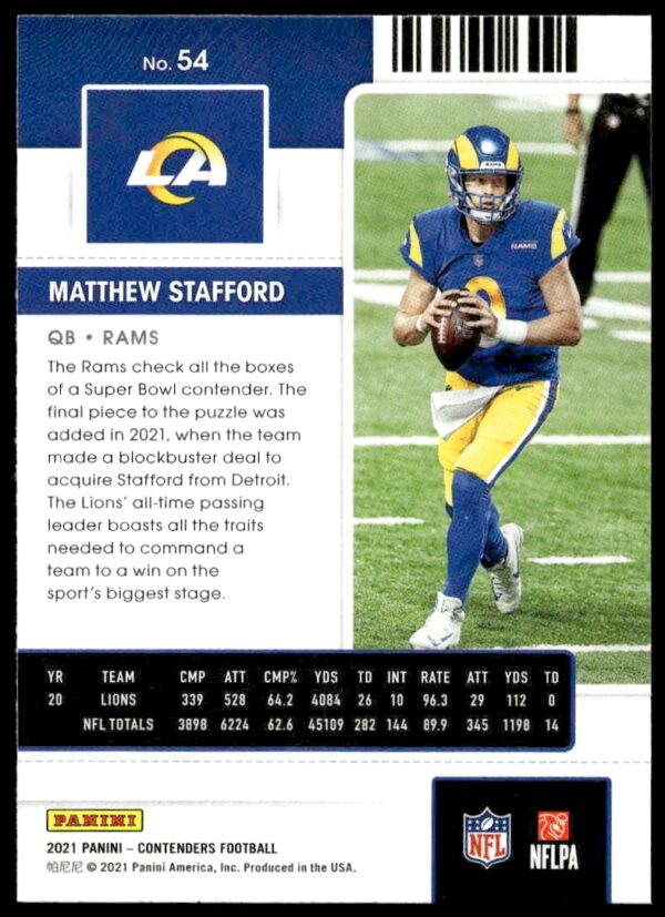 2021 Panini Contenders Matthew Stafford #54 (Back)