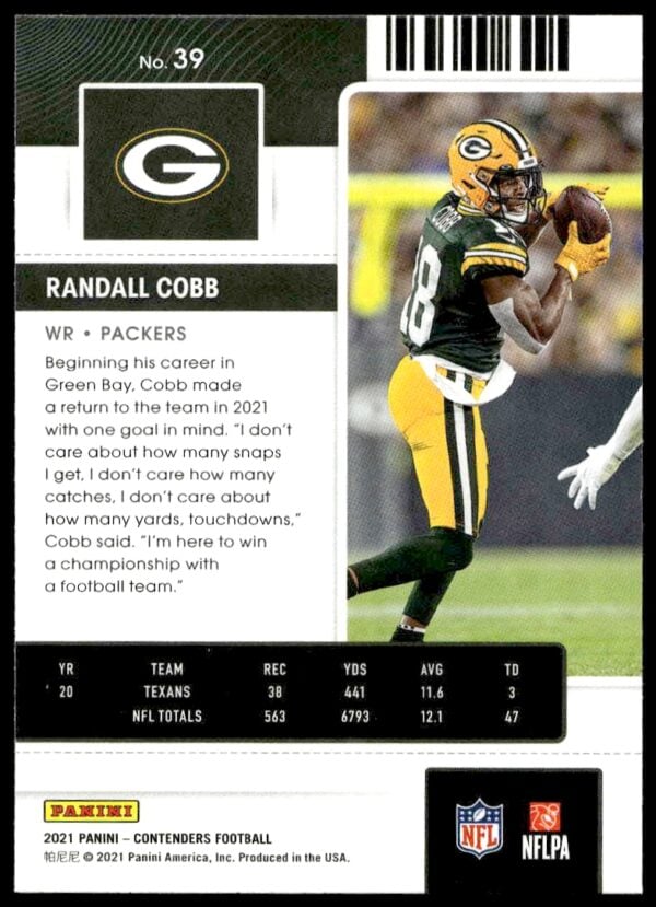 2021 Panini Contenders Randall Cobb #39 (Back)