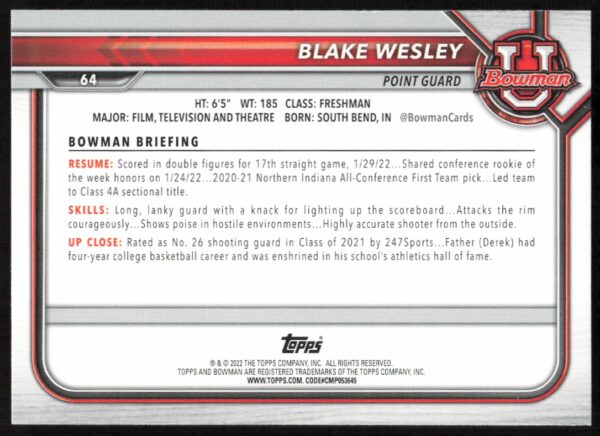 2022 Bowman University Blake Wesley #64 (Back)