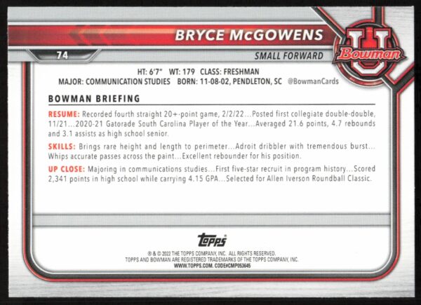 2022 Bowman University Bryce McGowens #74 (Back)