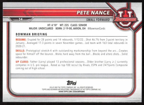 2022 Bowman University Pete Nance #34 (Back)