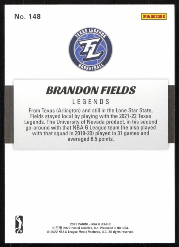 2022 Panini NBA G League Brandon Fields #148 (Back)