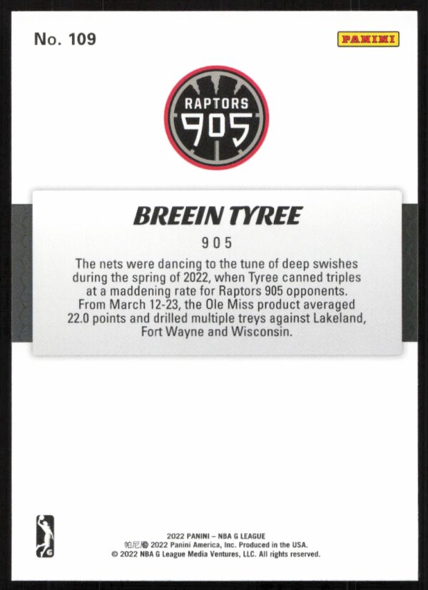 2022 Panini NBA G League Breein Tyree #109 (Back)