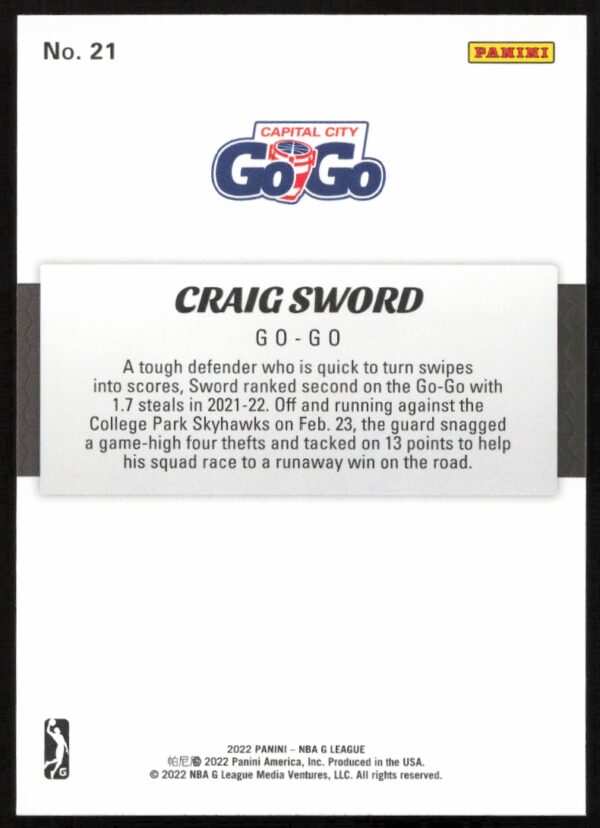 2022 Panini NBA G League Craig Sword #21 (Back)