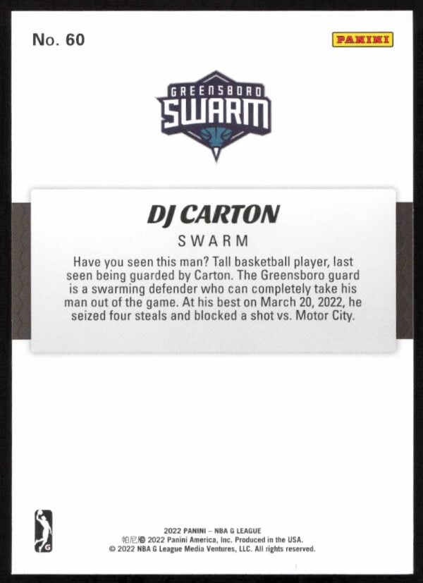 2022 Panini NBA G League DJ Carlton #60 (Back)