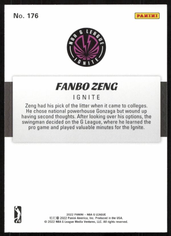 2022 Panini NBA G League Fanbo Zeng #176 (Back)