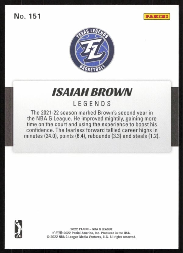 2022 Panini NBA G League Isiah Brown #151 (Back)