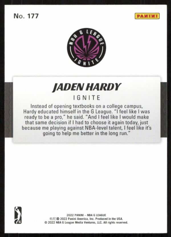 2022 Panini NBA G League Jaden Hardy #177 (Back)