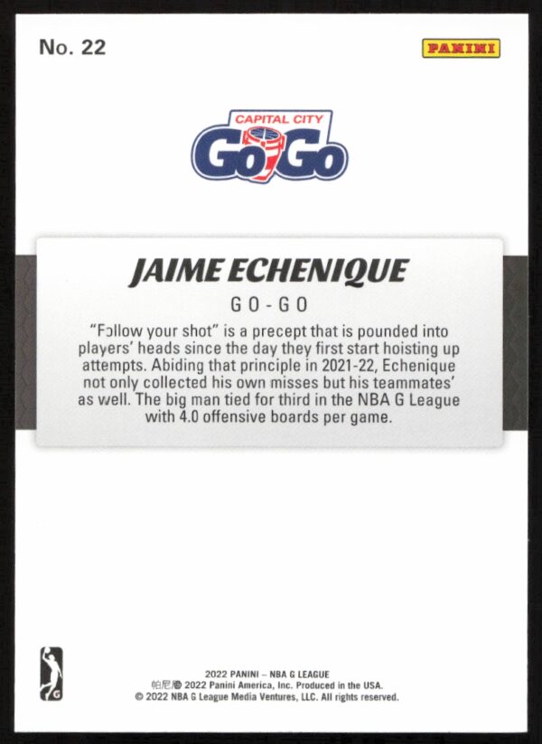 2022 Panini NBA G League Jaime Echenique #22 (Back)