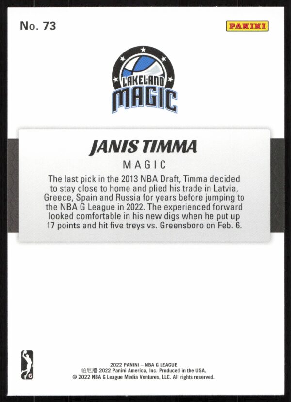 2022 Panini NBA G League Janis Timma #73 (Back)