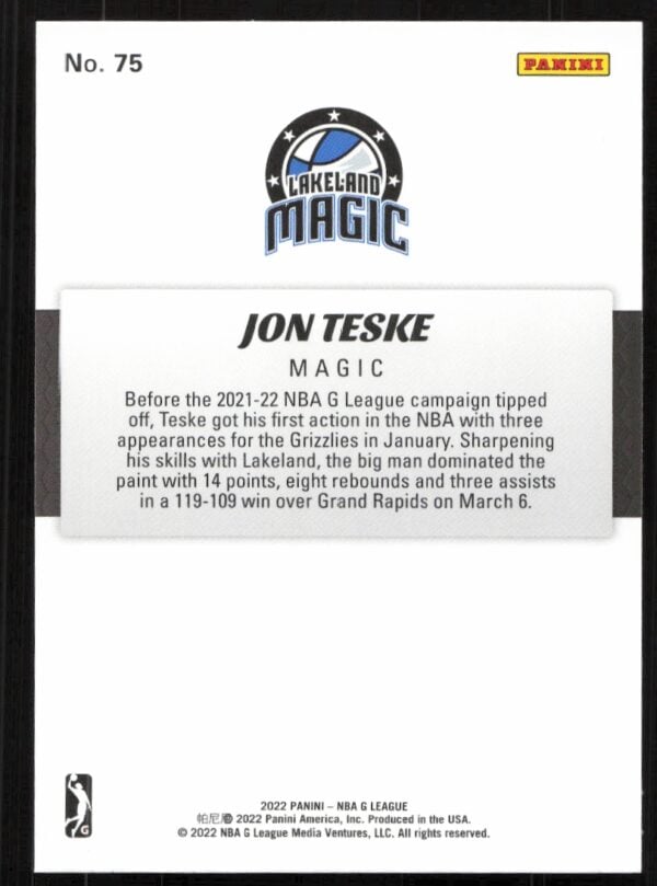 2022 Panini NBA G League Jon Teske #75 (Back)