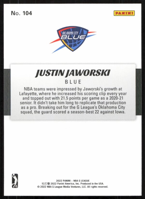 2022 Panini NBA G League Justin Jaworski #104 (Back)