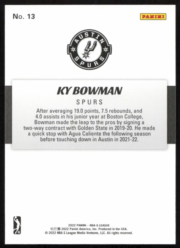 2022 Panini NBA G League Ky Bowman #13 (Back)