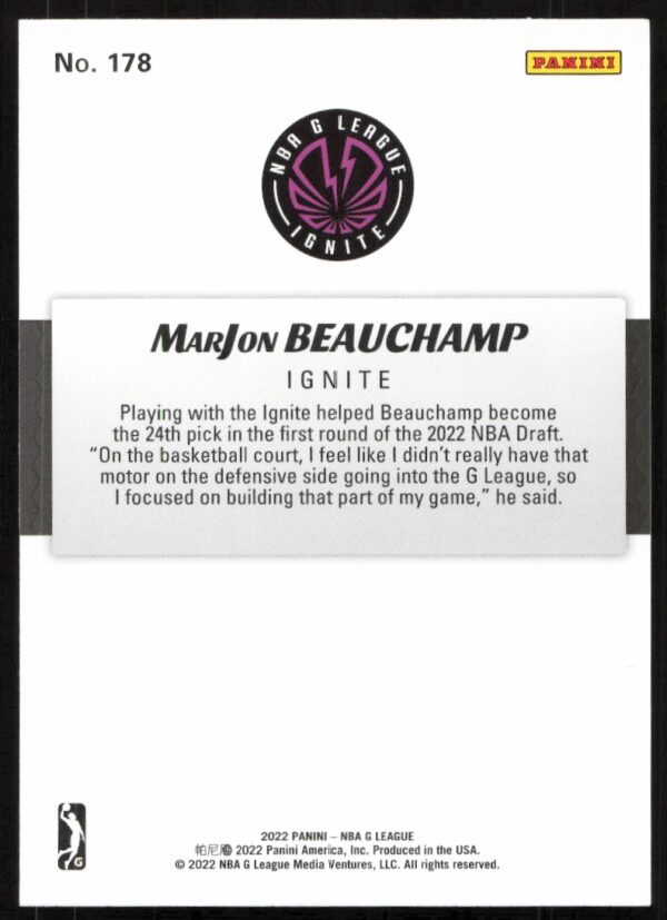 2022 Panini NBA G League MarJon Beauchamp #178 (Back)