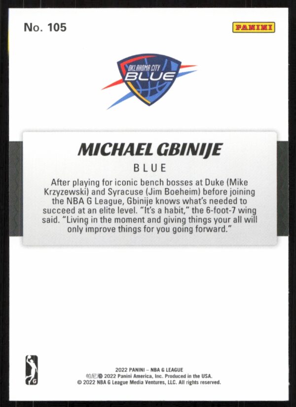 2022 Panini NBA G League Michael Gbinije #105 (Back)