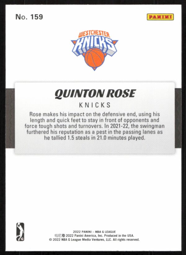 2022 Panini NBA G League Quinton Rose #159 (Back)