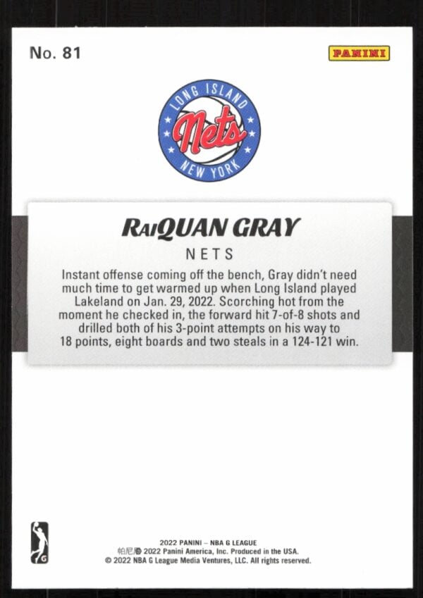 2022 Panini NBA G League Raiquan Gray #81 (Back)