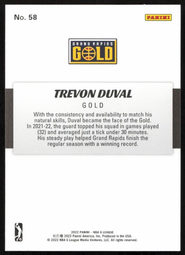 2022 Panini NBA G League Trevon Duval #58 (Back)