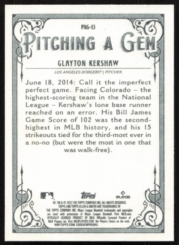 2022 Topps Allen & Ginter Clayton Kershaw Pitching a Gem #PAG-13 (Back)