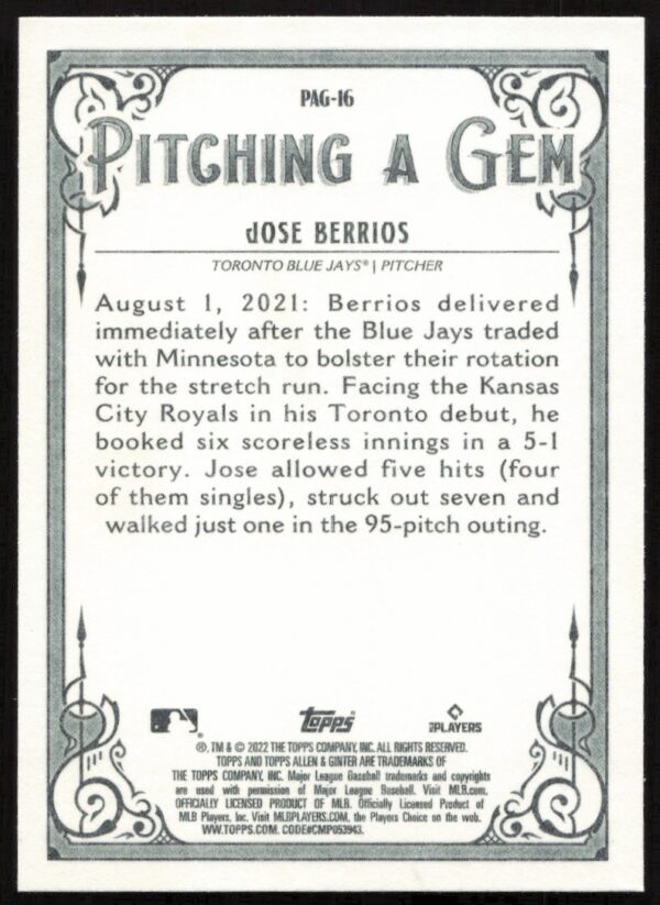 2022 Topps Allen & Ginter Jose Berrios Pitching a Gem #PAG-16 (Back)