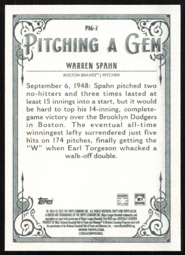 2022 Topps Allen & Ginter Warren Spahn Pitching a Gem #PAG-2 (Back)