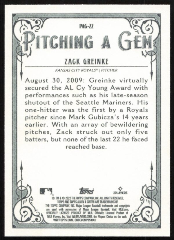 2022 Topps Allen & Ginter Zack Greinke Pitching a Gem #PAG-22 (Back)