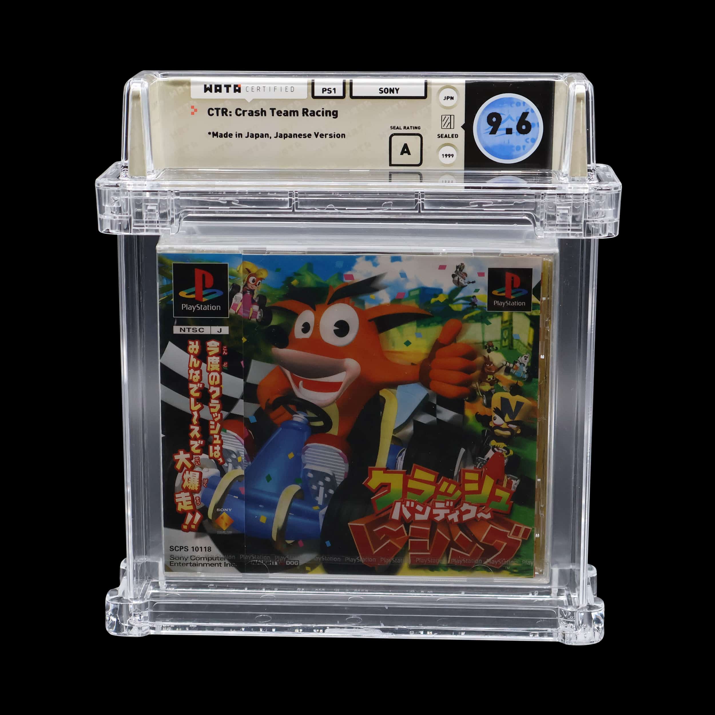 Vintage PlayStation game, CTR Crash Team Racing, rated 9.6 by WATA, in sealed display case.