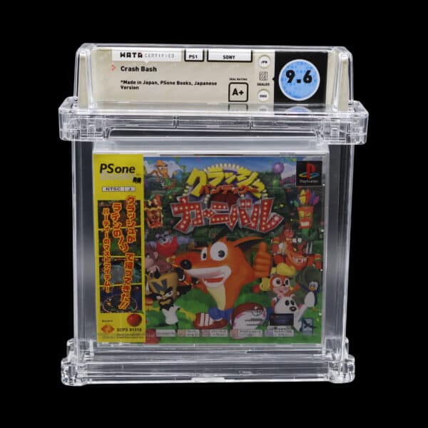 Sealed Crash Bandicoot PSone game, graded 9.6 by WATA, in protective casing.