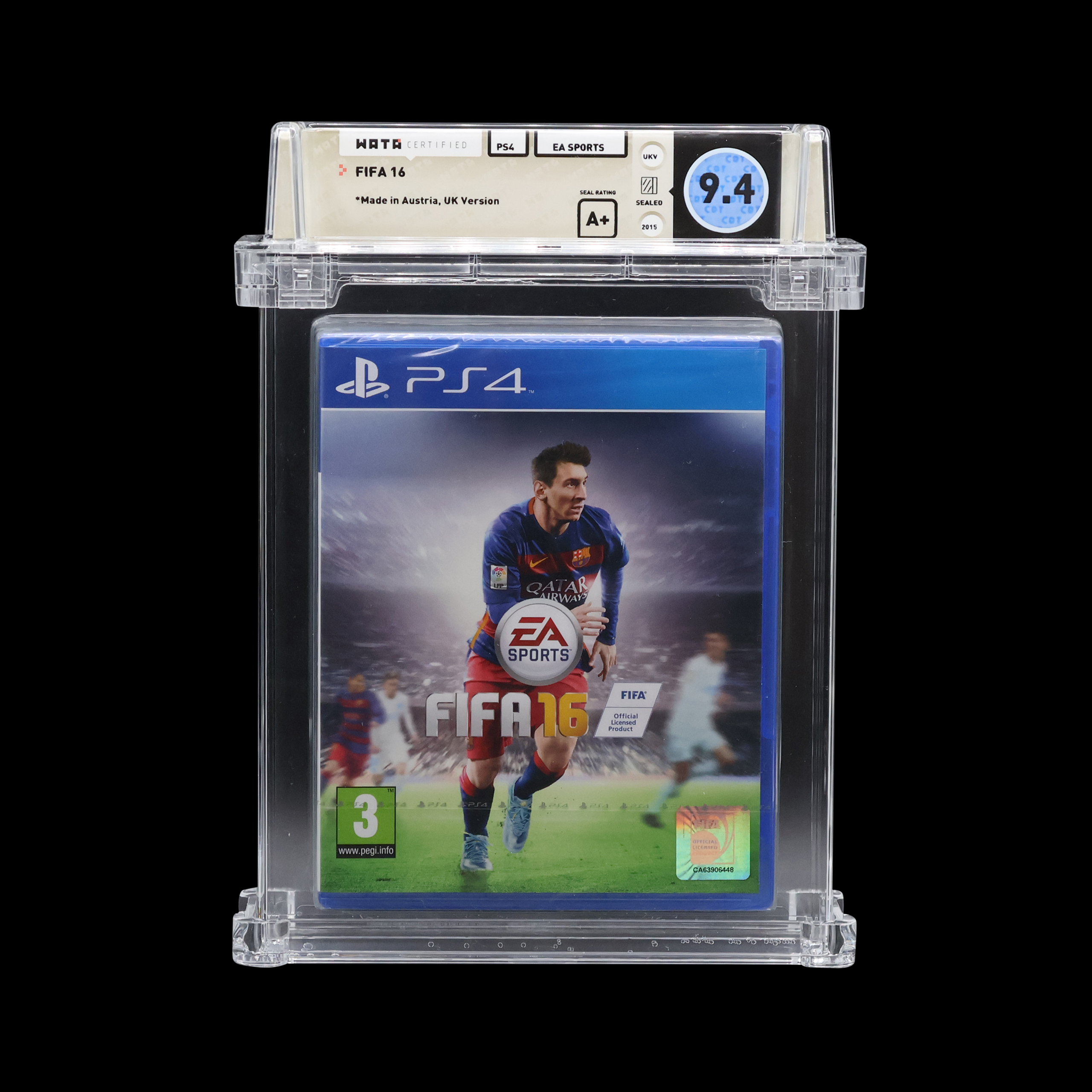 Collectible FIFA 16 PS4 game with a high WATA grade in protective case.