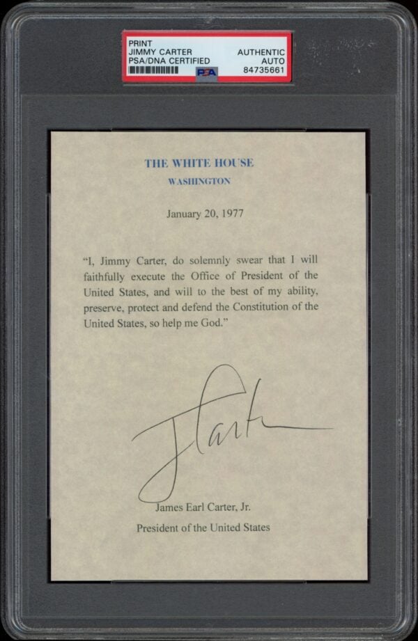 PSA-certified autograph of Jimmy Carters Presidential Oath, key memorabilia in American political history.