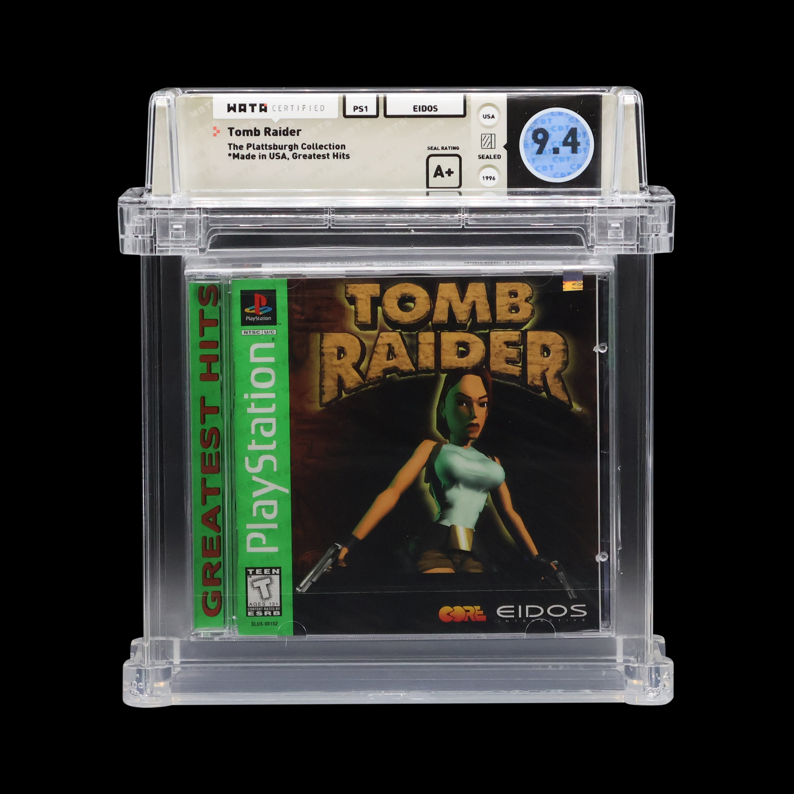 Vintage Tomb Raider Greatest Hits PlayStation game with WATA 9.4 rating.