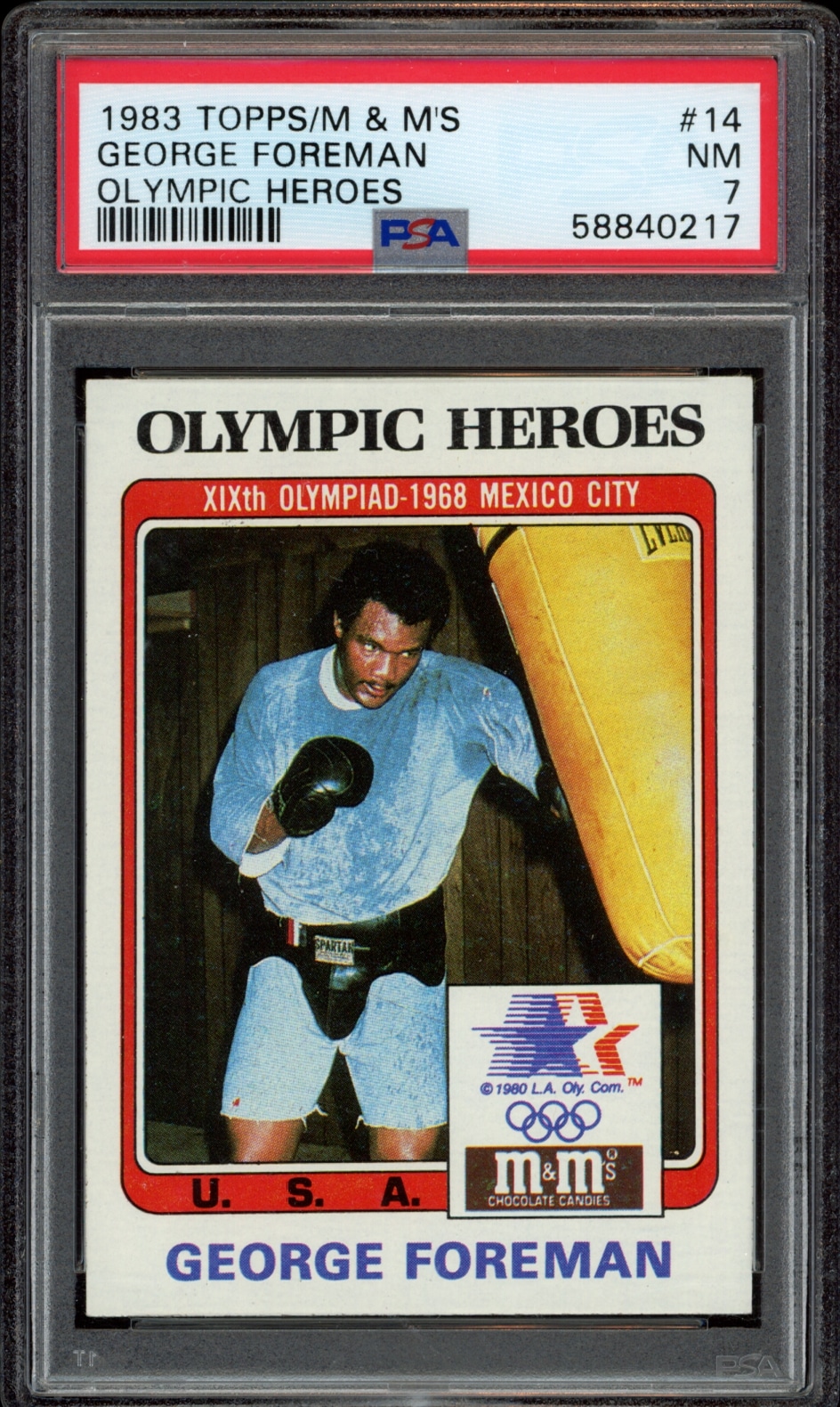 George Foremans 1983 Topps Olympic Heroes sports card rated NM 7 by PSA.