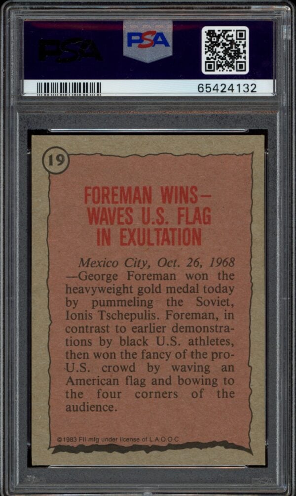 1983 Topps George Foreman Olympian card, PSA graded 1, historical sports collectible.