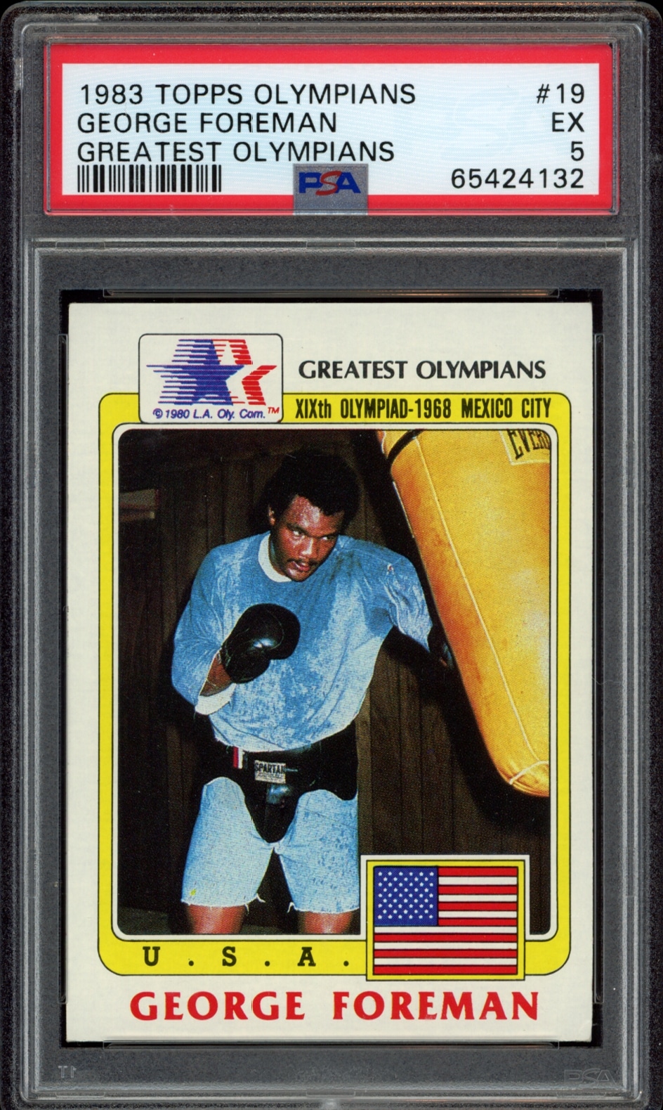 1983 Topps George Foreman Olympian card, PSA graded EX 5, dynamic boxing pose.